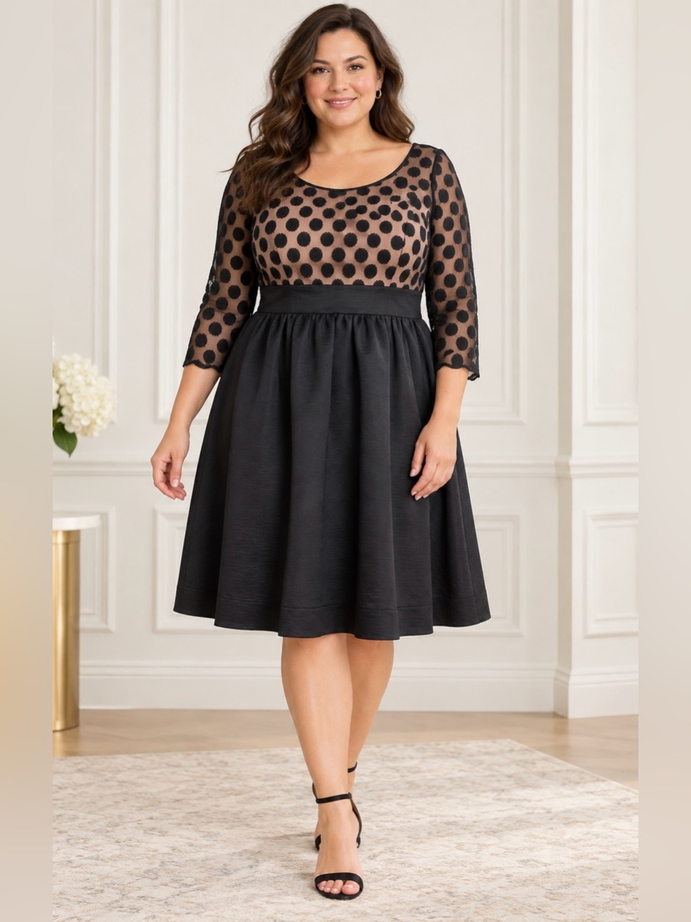 Título: Eliza J Size 16 Black Polka Dot Mesh Fit & Flare Cocktail Dress